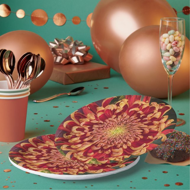 Red and Yellow Chrysanthemum Floral Paper Plate (Multi)