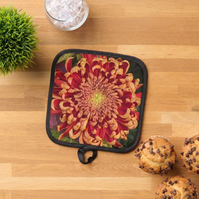 Red and Yellow Chrysanthemum Floral Pot Holder (Top Down)