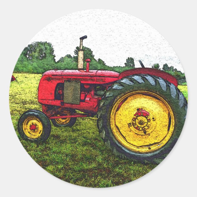 Red and Yellow Farm Tractor Classic Round Sticker (Front)