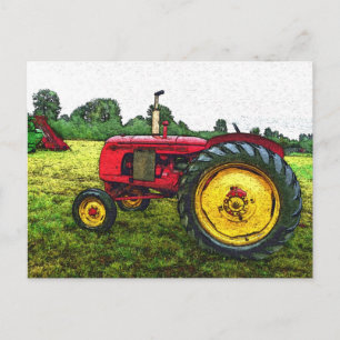 Red and Yellow Farm Tractor Postcard