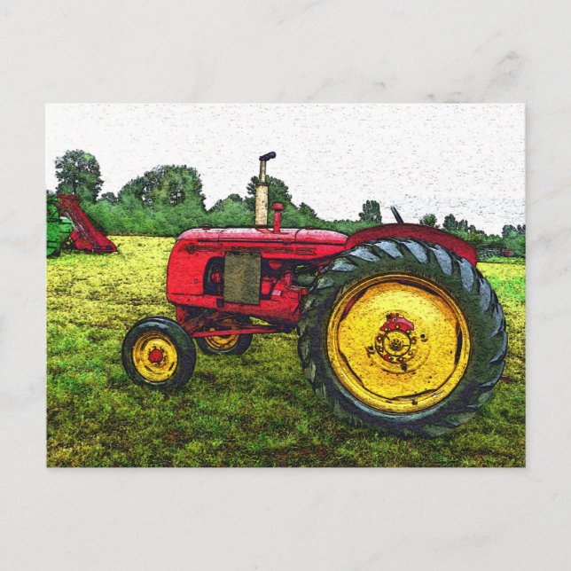 Red and Yellow Farm Tractor Postcard (Front)