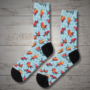 Red and yellow fish on blue background socks