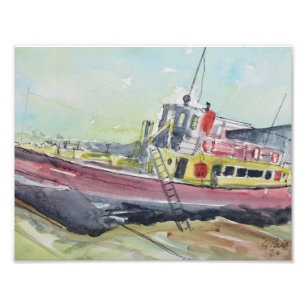 Red and Yellow Fishing Boat Drydock Photo Print