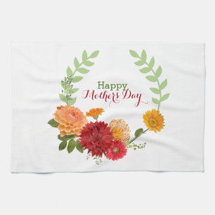 Red And Yellow Flowers In A Wreath Tea Towel