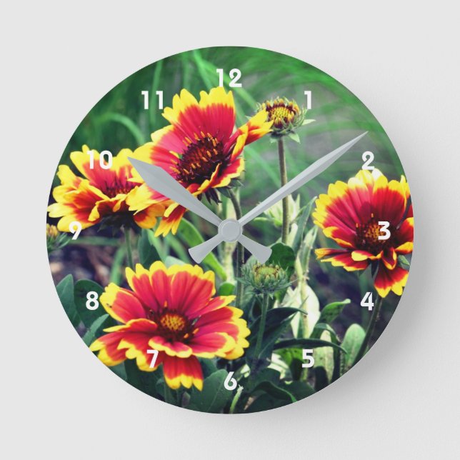 Red And Yellow Gaillardia Aristata Daisy Flowers  Round Clock (Front)