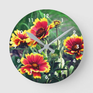 Red And Yellow Gaillardia Blanket Flower  Round Clock