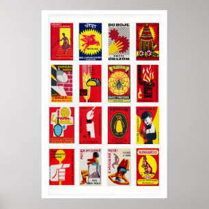 Red and Yellow Matchbox Label Collage, bold color Poster