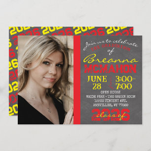 Red and Yellow Modern Chalkboard Graduation Invitation