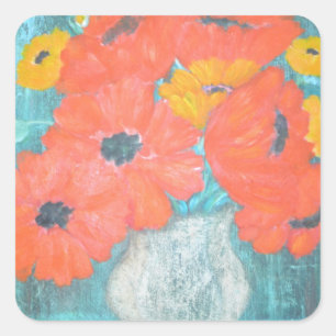 Red and Yellow Poppies In A Vase Square Sticker