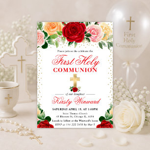 Red and Yellow Roses First Holy Communion Invitation