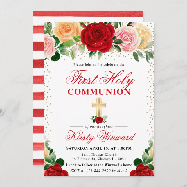 Red and Yellow Roses First Holy Communion Invitation (Front/Back)