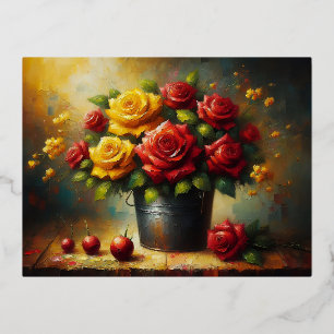 Red and yellow roses in a pot foil holiday postcard
