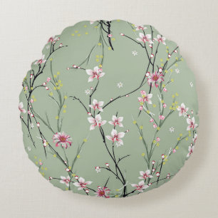 red and yellow small flower pattern on green backg round cushion