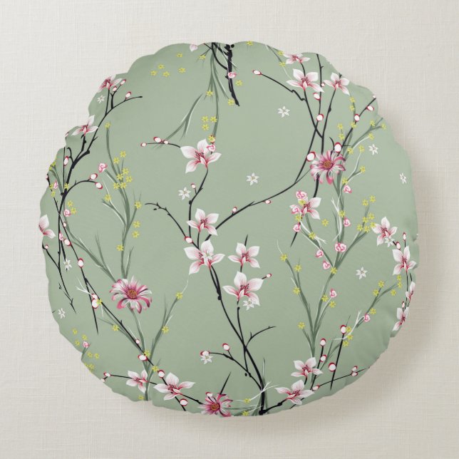 red and yellow small flower pattern on green backg round cushion (Front)