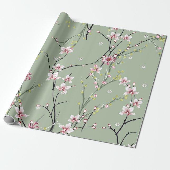 red and yellow small flower pattern on green backg wrapping paper (Unrolled)