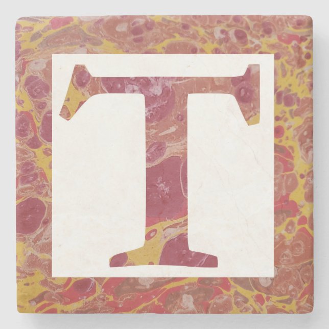 Red and Yellow Stone Marbled Monogram  T Stone Coaster (Front)