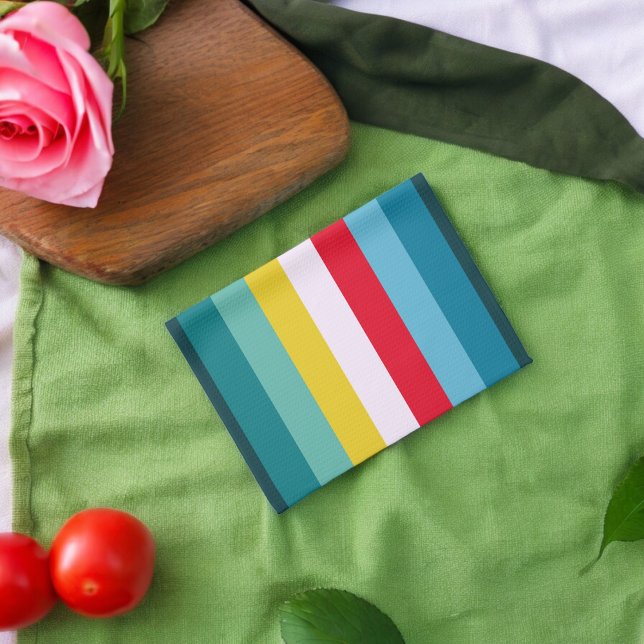 Red and Yellow Stripes in between Blue Shades Tea Towel (Kitchen Towel)