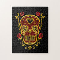 Red and Yellow Sugar Skull with Roses on Black