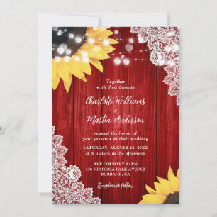 Red and Yellow Sunflower Rustic Wood Lace Wedding Invitation