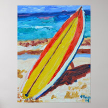 Red and Yellow Surfboard on Sandy Beach
