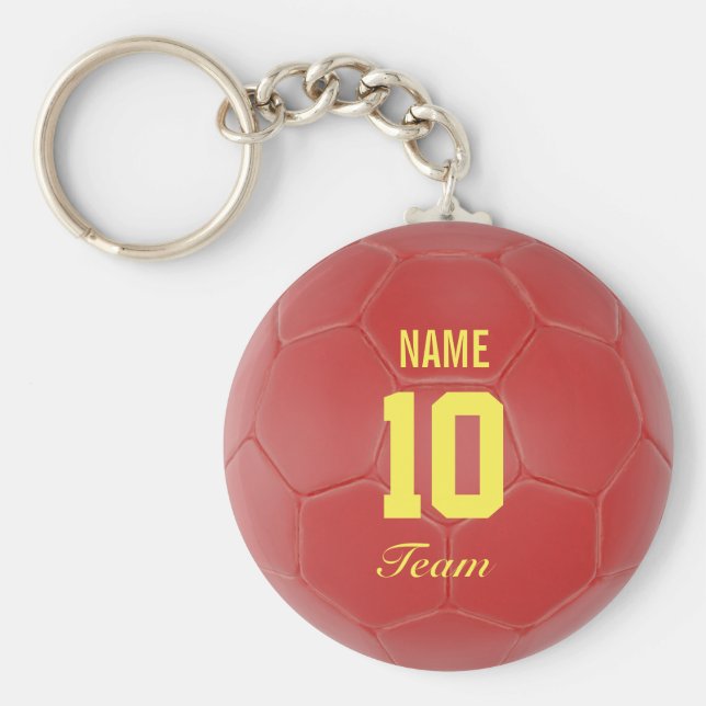 Red and Yellow Team Soccer Ball Personalised Name Key Ring (Front)