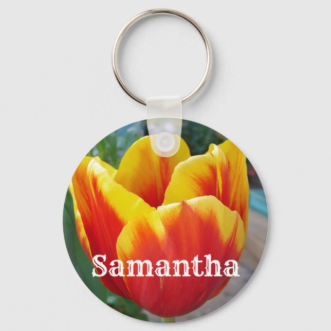 Red and Yellow Tulip floral Garden Photo Key Ring (Front)