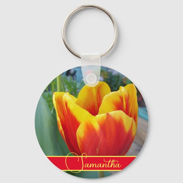 Red and Yellow Tulip Floral Womans Name  Key Ring (Front)