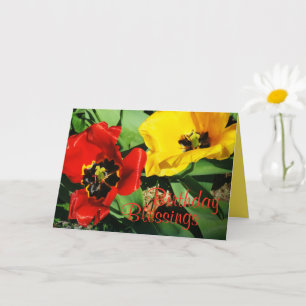 Red And Yellow Tulips Birthday Blessings Card