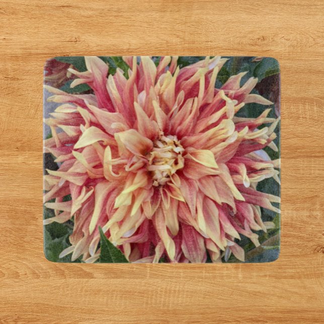 Red and Yellow Variegated Dahlia Bloom Floral Cutting Board (In Situ)