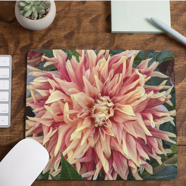Red and Yellow Variegated Dahlia Bloom Floral Mouse Pad (In Situ)