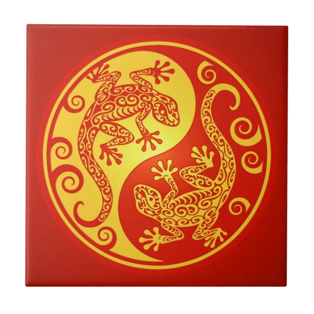 Red and Yellow Yin Yang Geckos Tile (Front)