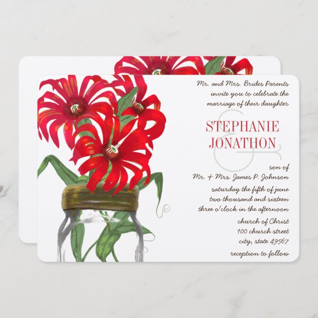 Red Andes Mountain Wild Flower  Mason Jar Wedding Invitation (Front/Back)