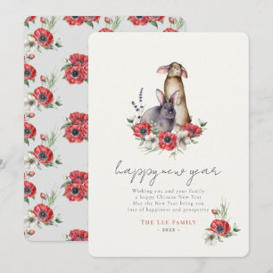 Red Anemone Bunnies Year of the Rabbit New Year Holiday Card