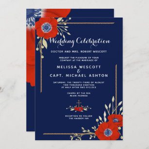 Red Anemone Formal Nautical Navy Wedding Invitation