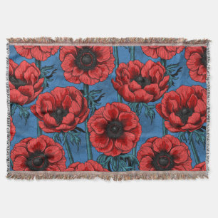 Red anemone garden throw blanket