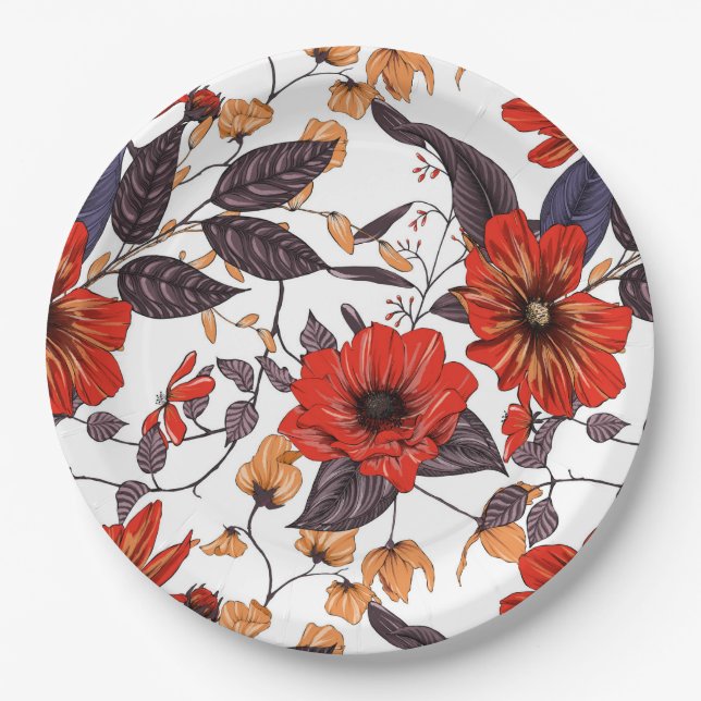Red anemone gold delicate purple tan foliage paper plate (Front)