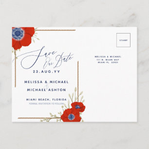 Red Anemone Nautical Navy + Anchor Save the Date A Announcement Postcard