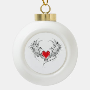 Red Angel Heart with wings Ceramic Ball Christmas Ornament