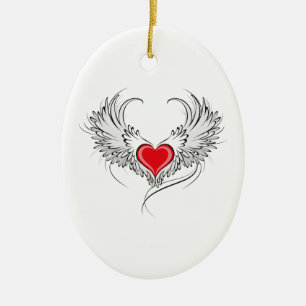 Red Angel Heart with wings Ceramic Ornament
