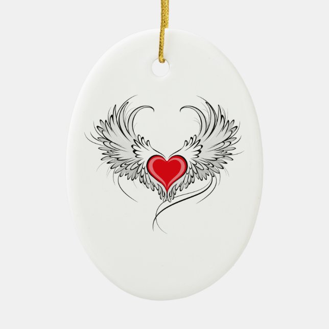 Red Angel Heart with wings Ceramic Ornament (Front)