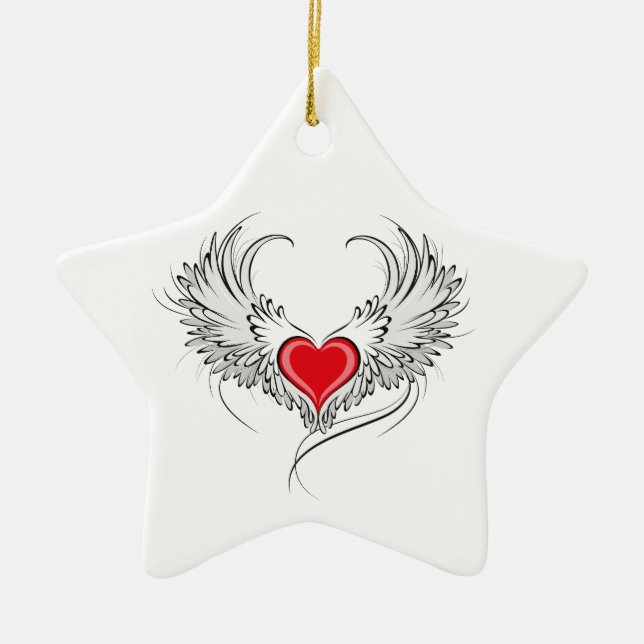 Red Angel Heart with wings Ceramic Ornament (Front)