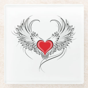 Red Angel Heart with wings Glass Coaster