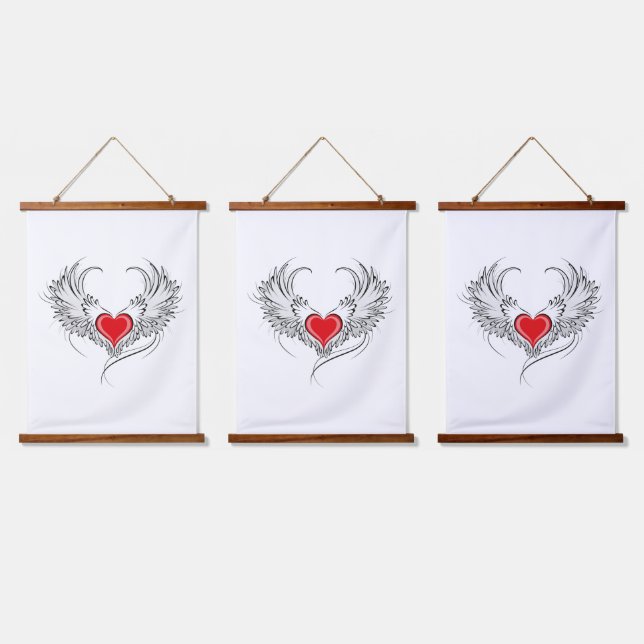 Red Angel Heart with wings Hanging Tapestry (Triple)