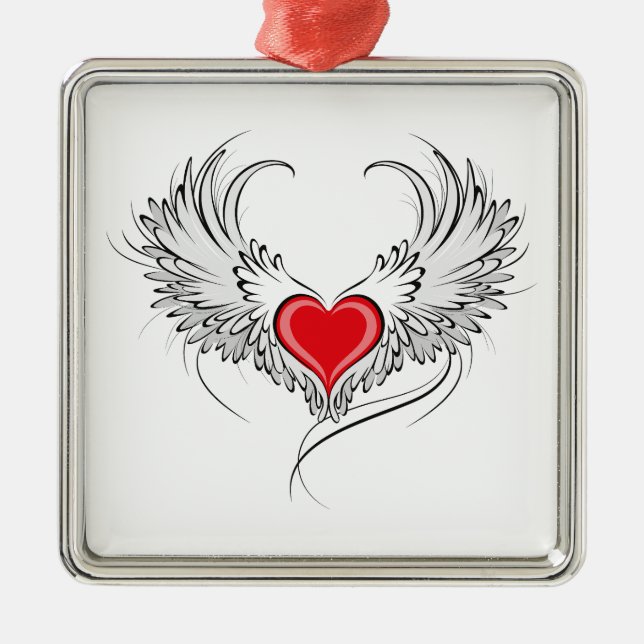 Red Angel Heart with wings Metal Ornament (Front)