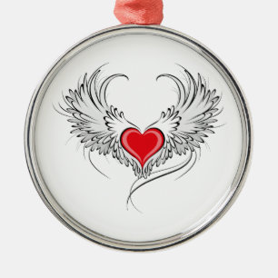 Red Angel Heart with wings Metal Ornament