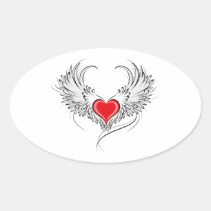 Red Angel Heart with wings Oval Sticker