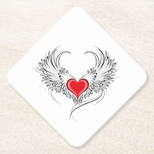 Red Angel Heart with wings Paper Coaster (Front)