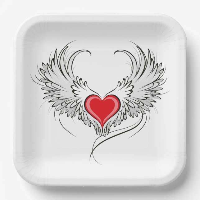 Red Angel Heart with wings Paper Plate (Front)