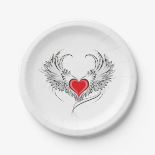 Red Angel Heart with wings Paper Plate