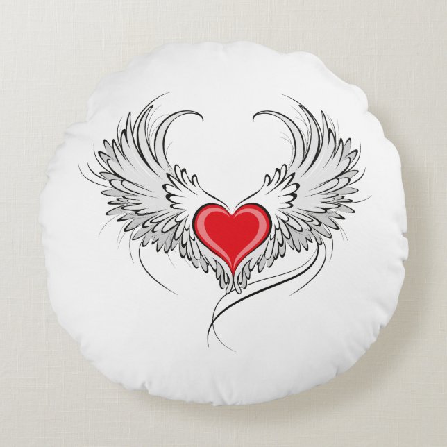 Red Angel Heart with wings Round Cushion (Front)